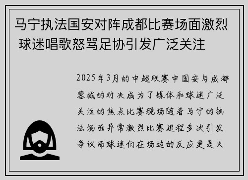 马宁执法国安对阵成都比赛场面激烈 球迷唱歌怒骂足协引发广泛关注