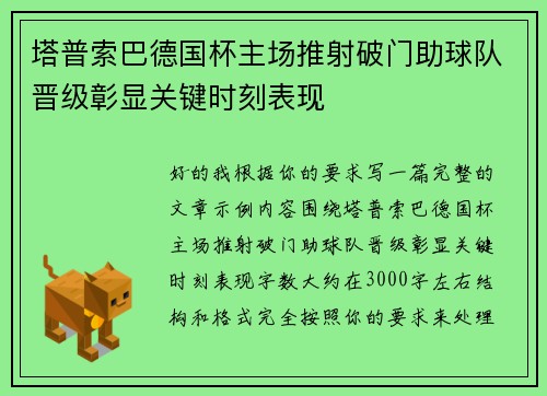 塔普索巴德国杯主场推射破门助球队晋级彰显关键时刻表现