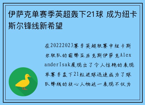 伊萨克单赛季英超轰下21球 成为纽卡斯尔锋线新希望